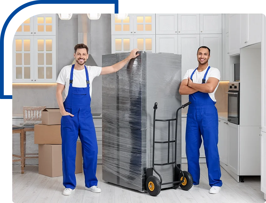 2 movers about to carry a fridge and other boxes during a move.